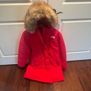 The North Face Bright Red Parka with Faux Fur Trim